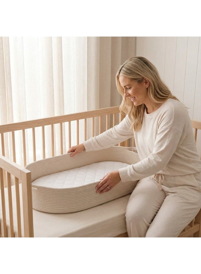 Baby Changing Basket with Removable Mattress, Handmade Woven 100% Cotton Rope Nursery Boho Moses Basket, Baby Shower Bassinet Changing Table Topper, 75x41x14CM (White) - Image 5